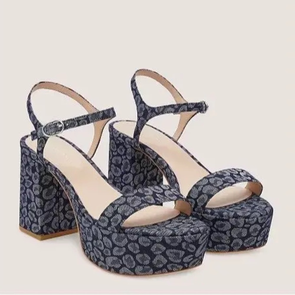 Stuart‎ Weitzman Leopard Print Denim Platform Block Heel Sandals Size 6